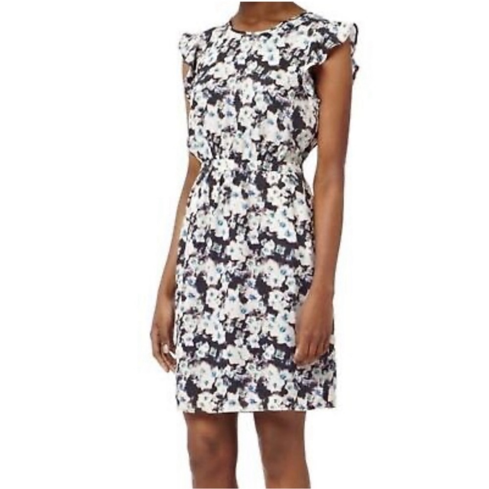 Reiss‎ Dress Women 4 Blue Black White Stoke Floral Watercolor Midi Lined Pockets